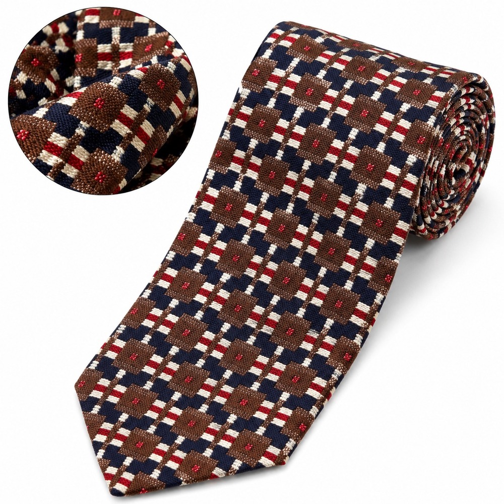 Rooster Vintage Steinbach's Men Necktie Brown/White/Blue Plaid 100% Cotton W3